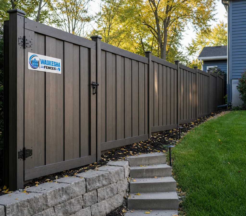 New privacy fence following the grade of a residential lot in Waukesha