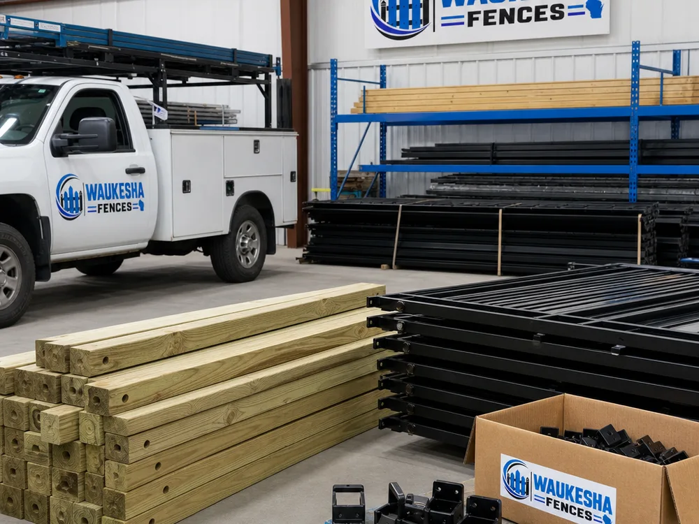 Fence posts, panels, and gate hardware staged in a clean Waukesha work area
